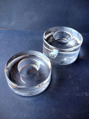 Orrefors Puck Crystal Candle Holders Set like new, Swedish design