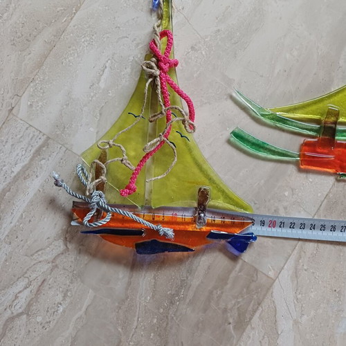 Handmade glass decorative ships fusing glass art, set of 2, new