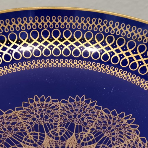 Glass decorative plate used, vintage blue with gold designs