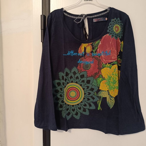 Desigual women's long-sleeve blouse XXL, like new, navy with floral embroidery