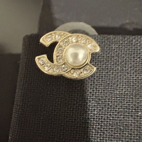 Chanel Classic Mini Logo Light Gold Stud Earrings like new with pearl