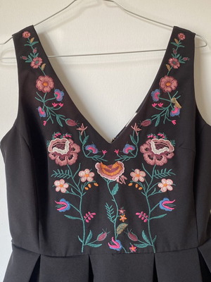 Black floral dress with embroidered flowers, size S