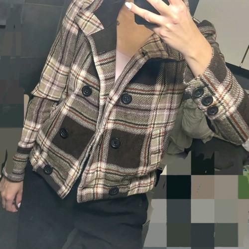Checked brown coat like new, size large