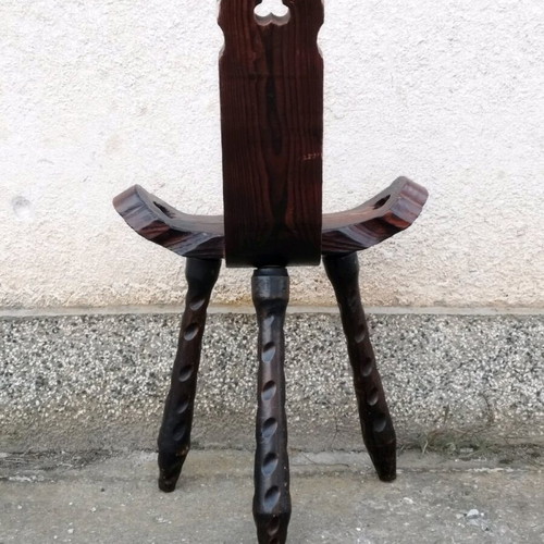 Spanish brutalist hand-carved oak chair used