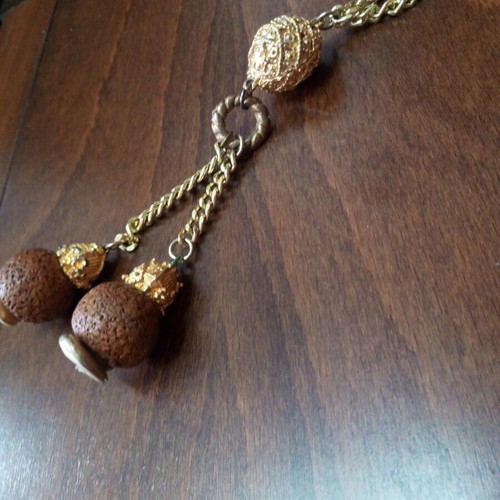 Lava stone pendant used, gold and brown talisman necklace