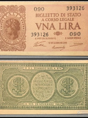 Χαρτονόμισμα Ιταλία 1 Lira 23.11.1944 σαν καινούργιο