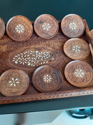 Hand-carved wooden serving tray with 12 coasters, like new