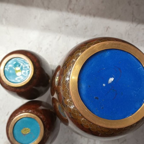 Vintage Cloisonné Vase Set with Carved Wooden Bases like new