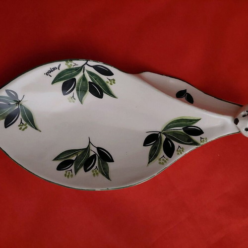 Serving plate for olives 26x12cm ceramic with handmade painting and pit curve new