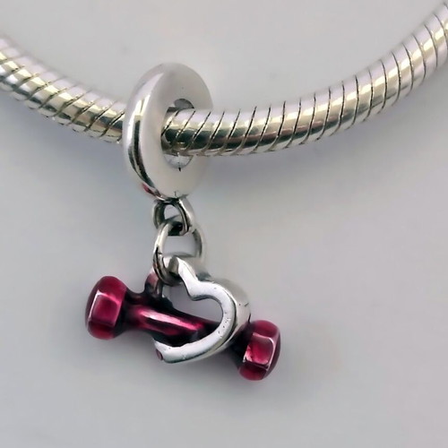 Charm Dumbbell and Heart Silver S925 with Pink Enamel New