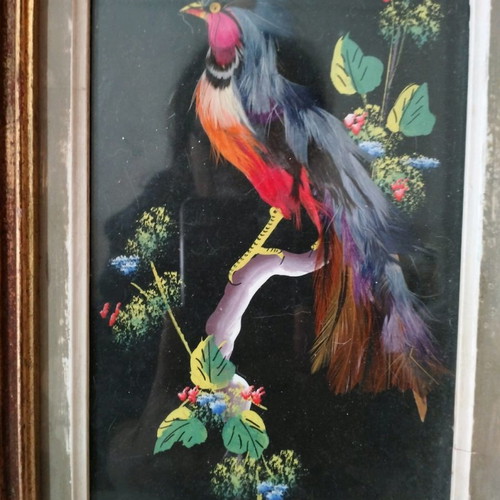 Set of vintage hand-painted art with natural feathers used