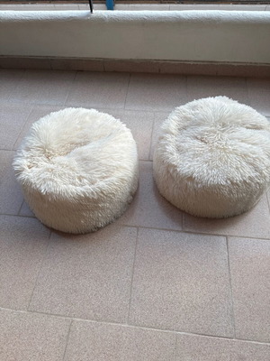 Set of 2 white fur pouf stools used