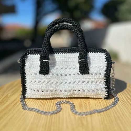 Handbag black and white handmade with silver details