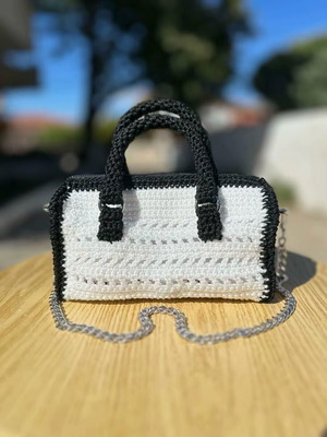 Handbag black and white handmade with silver details