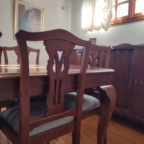 Walnut dining set with storage and 6 chairs
