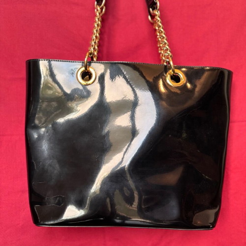 DKNY black PVC shoulder tote handbag with golden chain like new