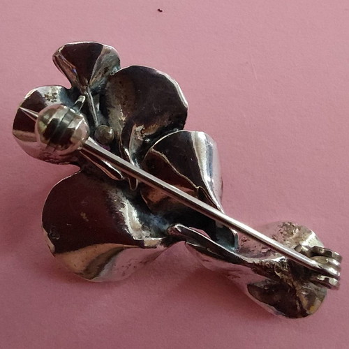 Silver brooch handmade oxidized with amethyst stone