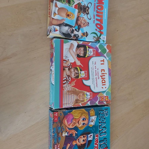 Board games used, pack of 4 (Ti eimai?, Sto kefali to cho, Emoji, Jenga)