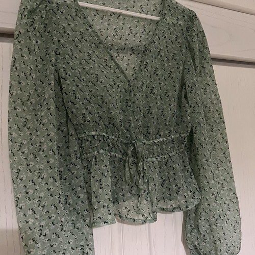 Transparent olive floral blouse with waist tie, size M