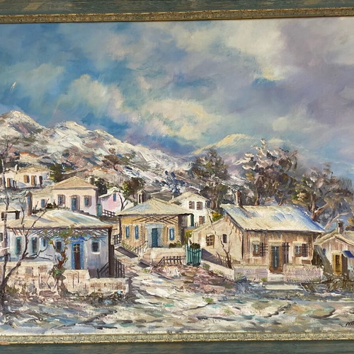 Relief oil painting by N. Papadopoulos in frame, like new, snowy landscape