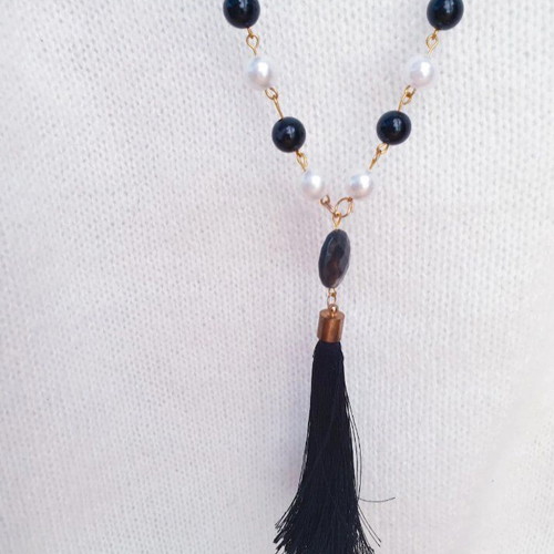 Handmade black and white beaded tassel necklace and earings