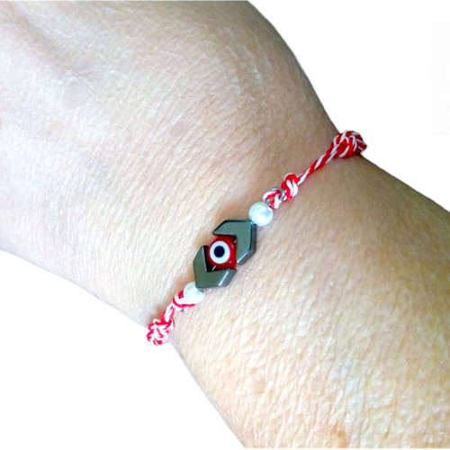 Handmade Martaki macrame bracelet with eye, hematite arrows and white pearls, adjustable