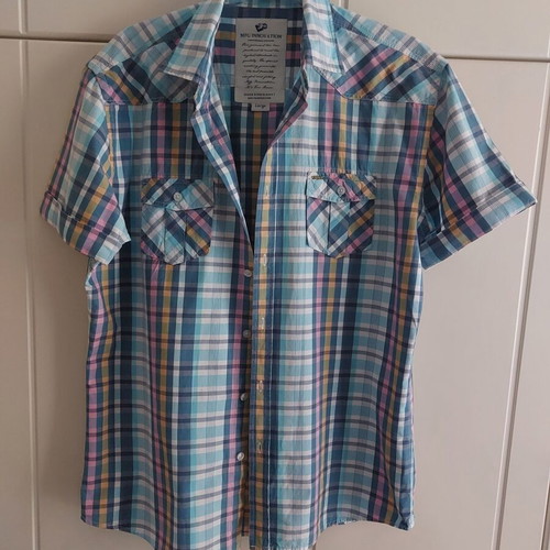 Men's checked shirt with short sleeves used, size Large, turquoise and pink