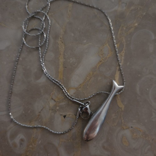 Minimalist fish pendant necklace, stainless steel, silver