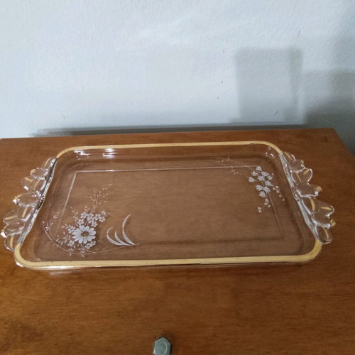Glass serving platter used with gold handles and painted flowers