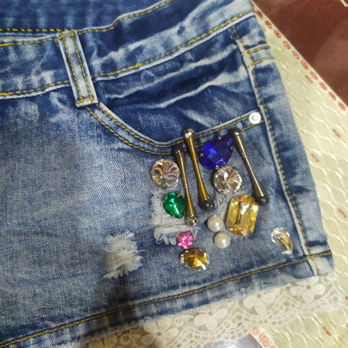 Jeans shorts decorated with beads, size S