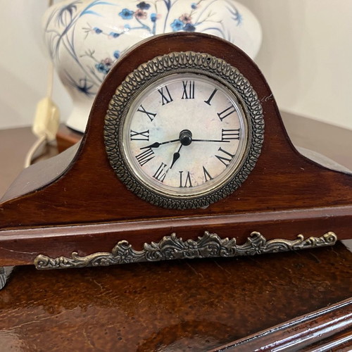 Table clock used, wooden with metal decorative elements
