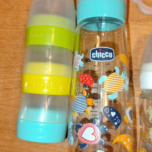 Chicco and Nuk Glass Baby Bottles Set with Clips and Plastic Tongs like new