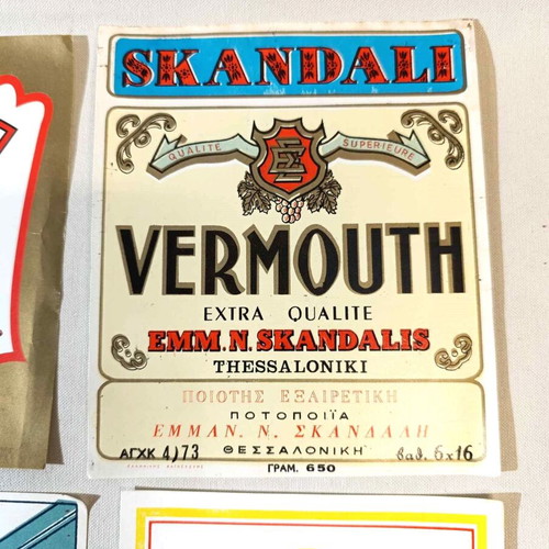 Skandalis Distillery Labels from 1960s and 1970s, new, set of 8