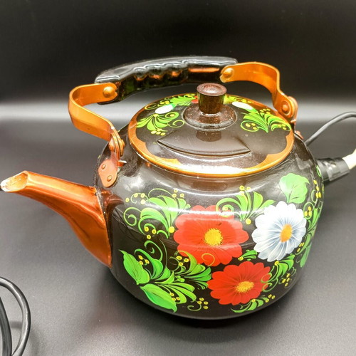Russian kettle used, metal with bright patterns, 2 liters