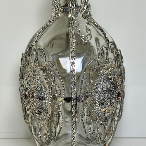 Vintage ornate handmade filigree glass bottle with red stones