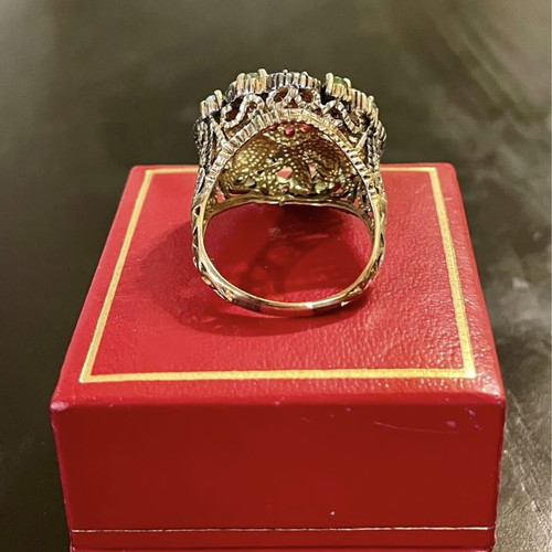 Silver-gold ring like new with emeralds and rose cut diamonds