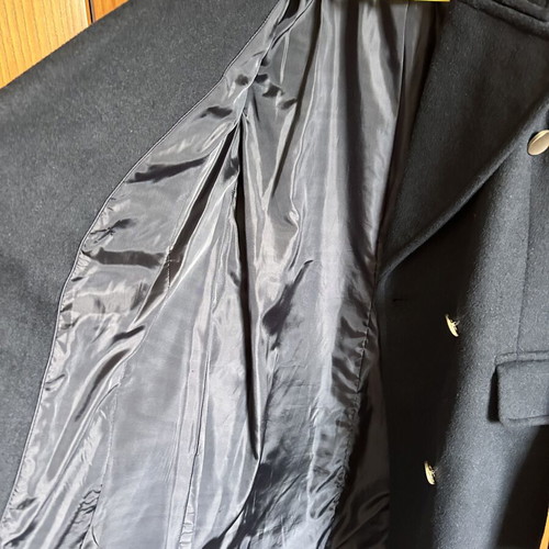 Stradivarius black coat, medium size, knee-length, gold buttons