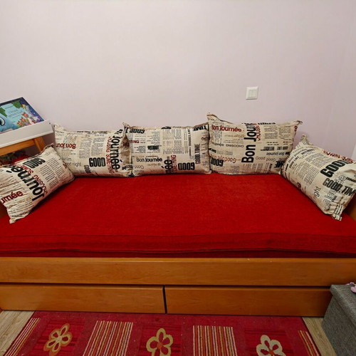 Custom solid beech wood sofa bed with storage drawers and cushions