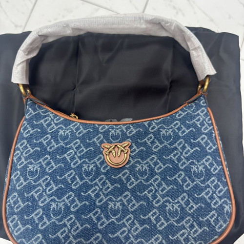 Pinko hobo bag, blue denim with brown leather details