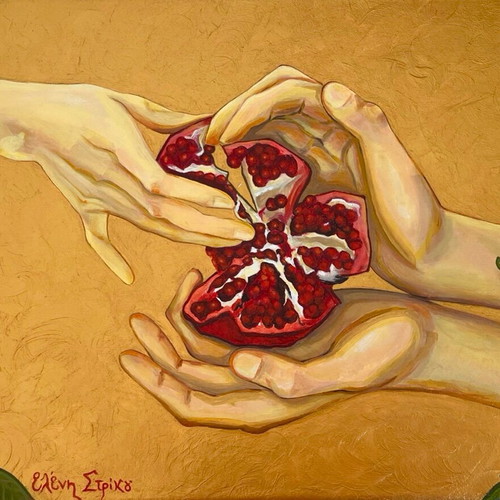 Painting Hands with Pomegranate on Gold Background 30x40 cm new