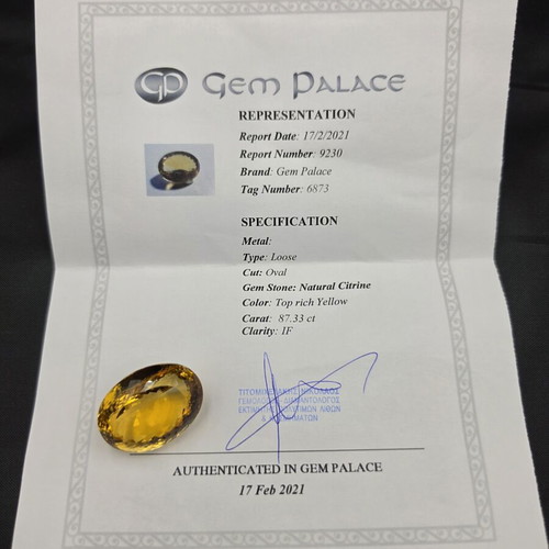 Natural Citrine 87.33ct Oval Cut IF certified Gem Palace like new