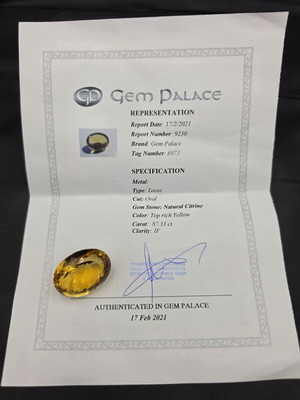 Natural Citrine 87.33ct Oval Cut IF certified Gem Palace like new