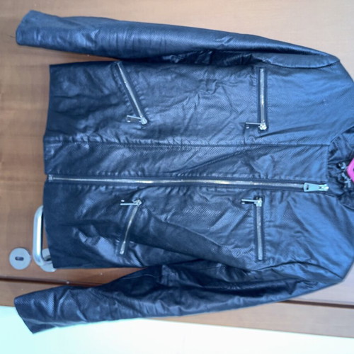 Faux leather women's jacket used, size S, black, quilted lining