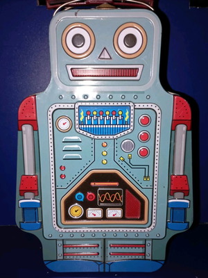 Metal lunch box used with robot design Luckies of London