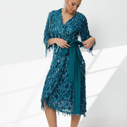 Evening dress petrol with fringes and sequins like new, size 5XL