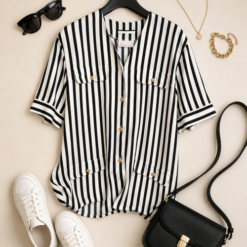 Elegant black and white striped shirt, size L