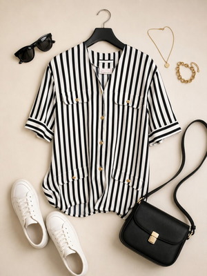 Elegant black and white striped shirt, size L