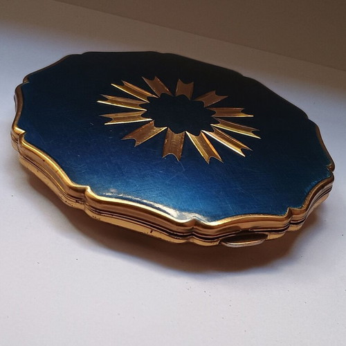 Vintage Stratton powder case used with mirror, blue and gold enamel
