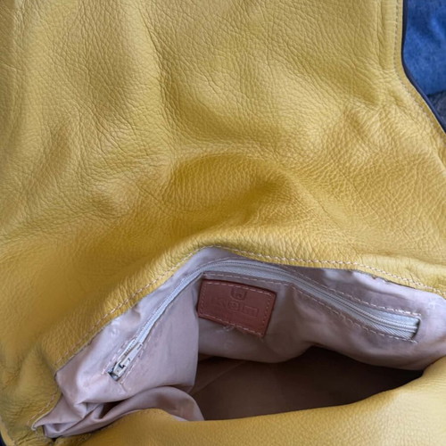 KEM suede and leather handbag used, purple and yellow