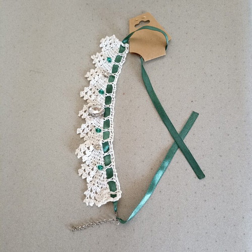 Vintage boho knitted choker necklace with petrol ribbon and crystals
